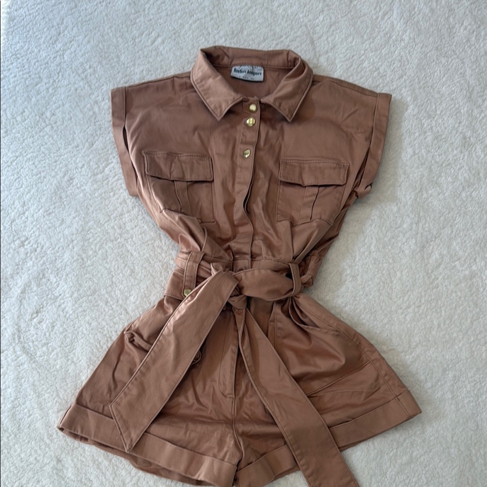 Brown/Copper Button-Up Romper with Belt